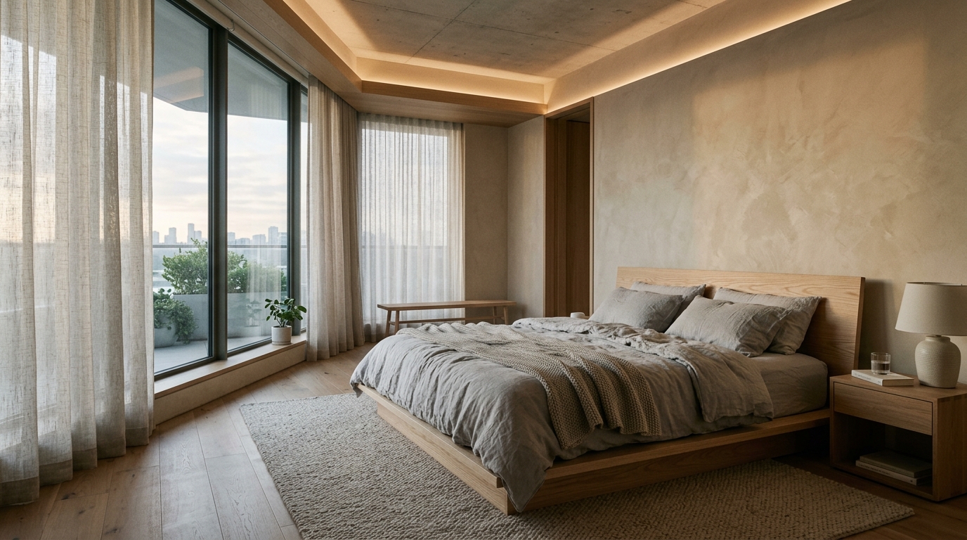 Calm minimalist master bedroom suite in a contemporary apartment with washed linen and ash wood platform bed