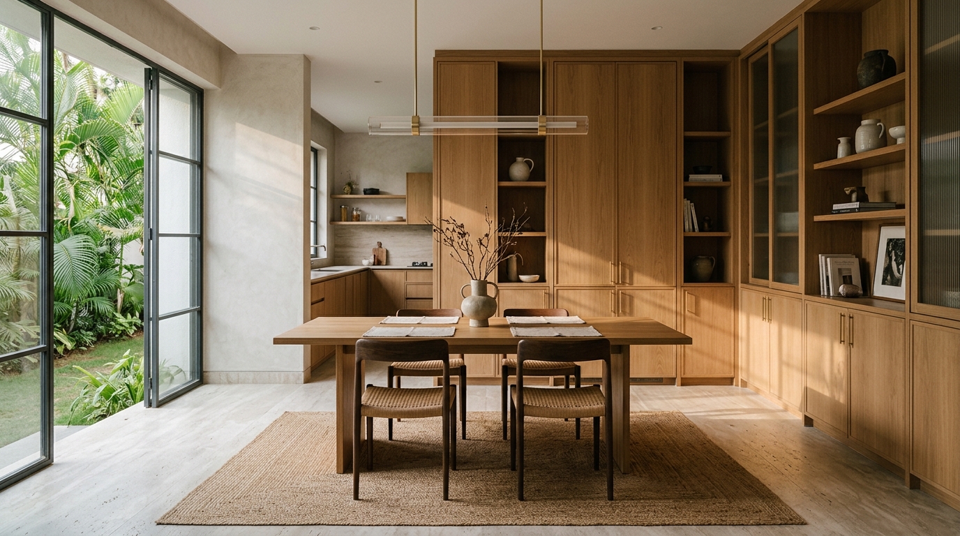 Modern Bengaluru apartment interior featuring bespoke warm oak cabinetry, honed limestone flooring, natural daylight, and understated dining furniture