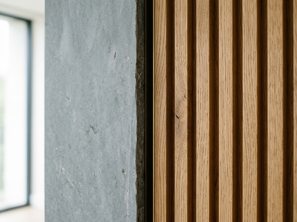 Close up architectural detail: honed grey Kota stone meeting fluted oak wood panel
