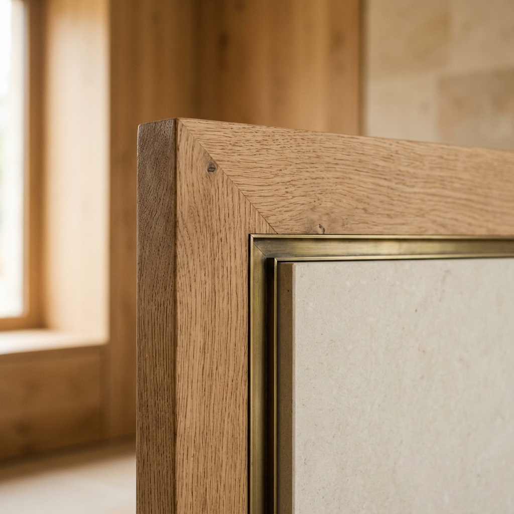 Master craftsmanship joinery detail showing dovetail junction and stone reveal