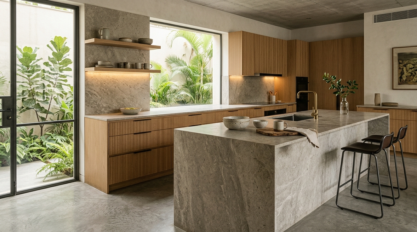 Monolithic limestone kitchen island with fluted timber joinery and courtyard view