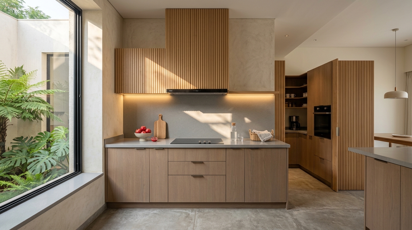 Tactile joinery execution: fluted timber extraction hood and limestone counters in residential kitchen
