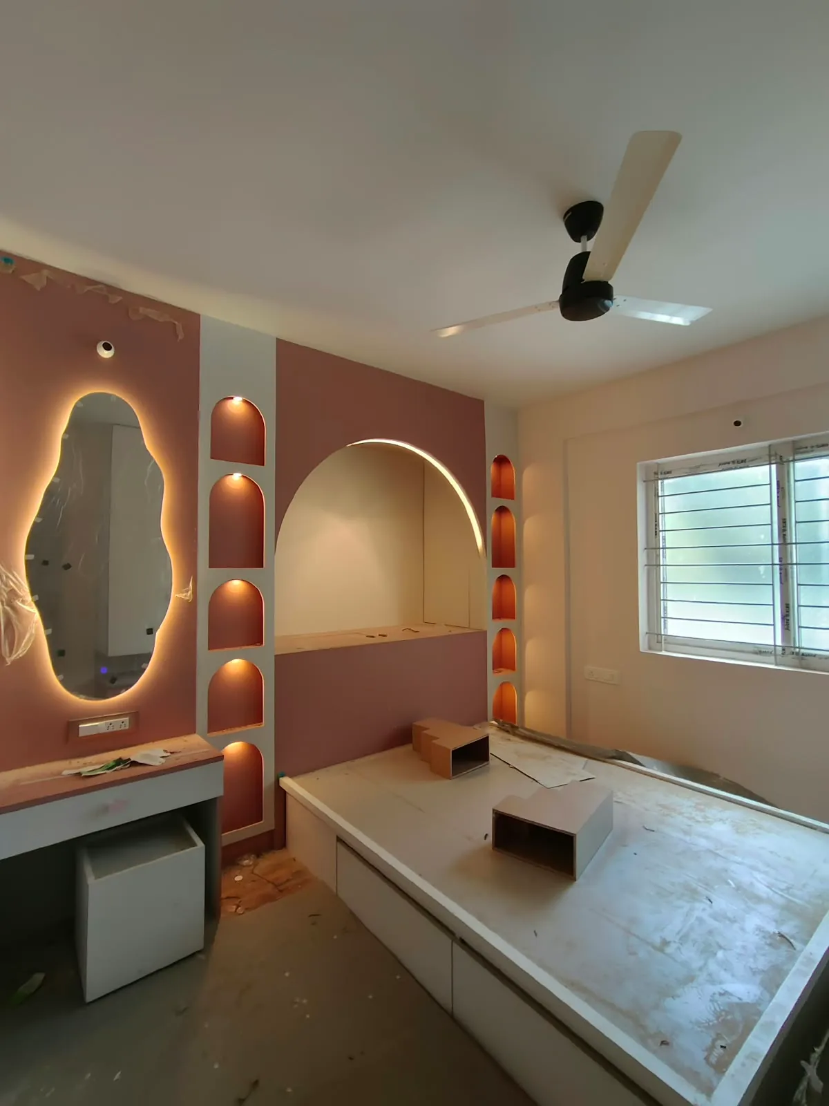 Avenza project work: Bedroom arched headboard feature wall with indirect cove lighting