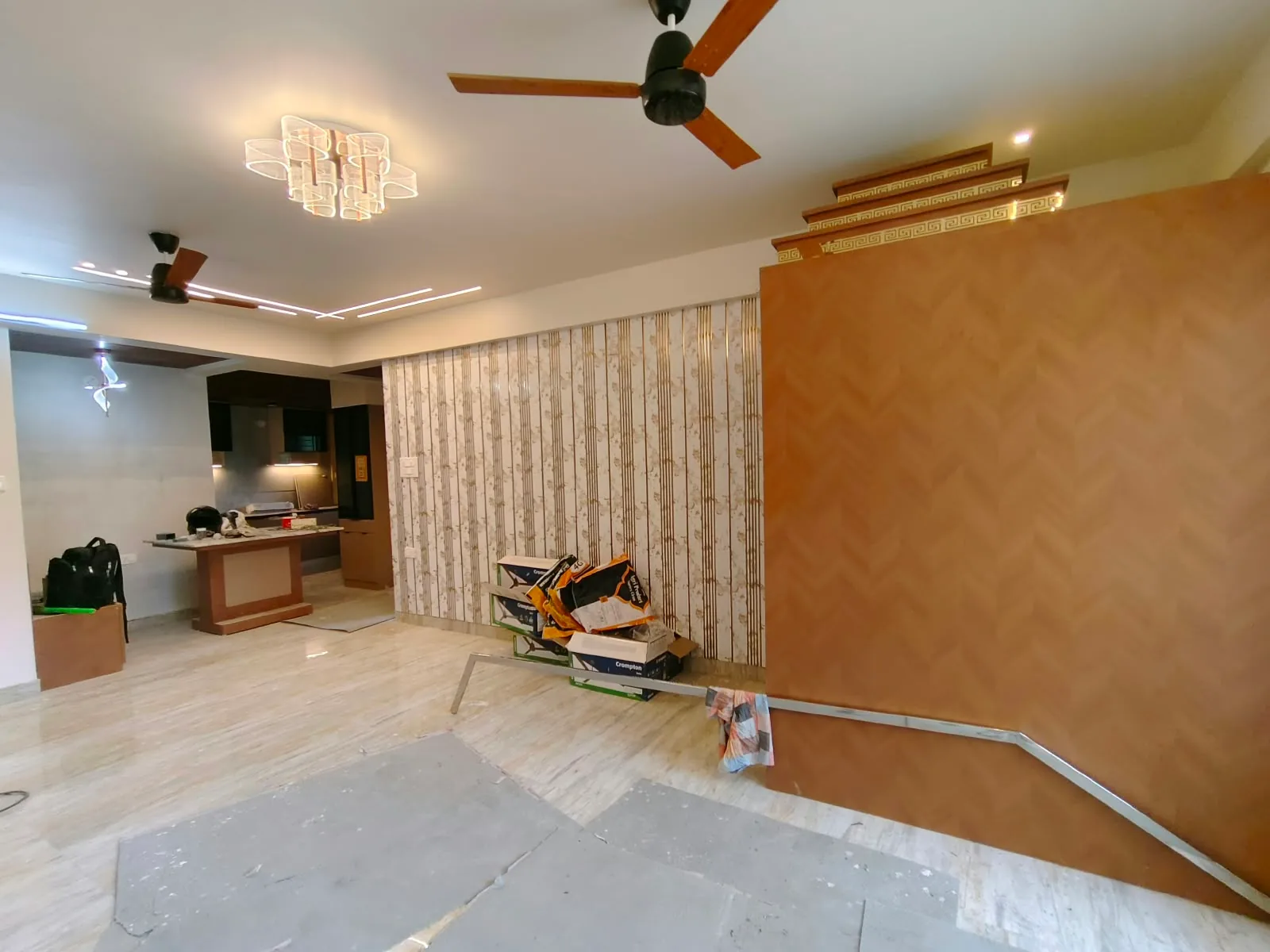 On-site work: Open-plan living and dining space with lighting layout in Bengaluru
