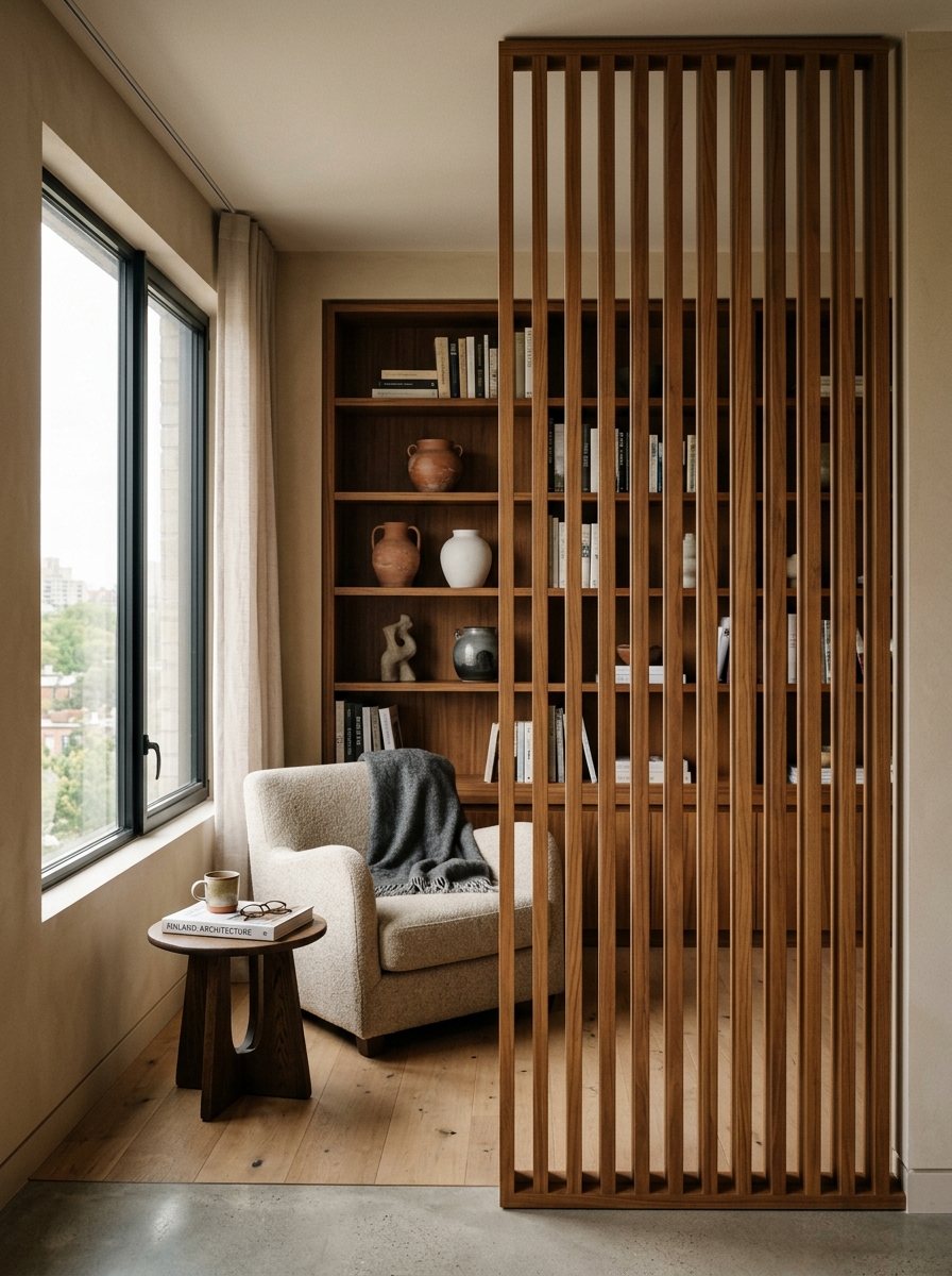 Vertical architectural photograph of a library study and reading nook with teak divider