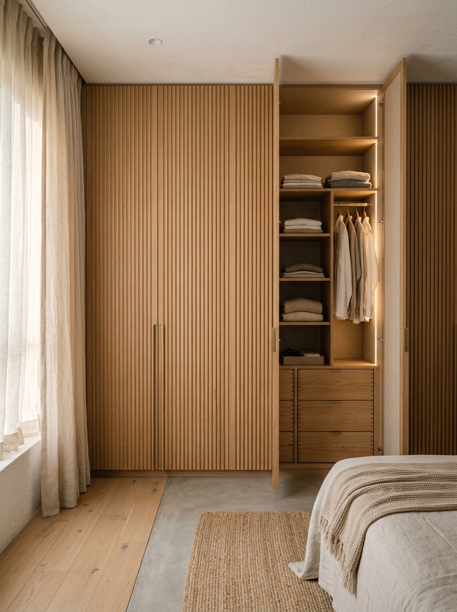 Full-height fluted oak wardrobe millwork with integrated warm LED and linen textured lining